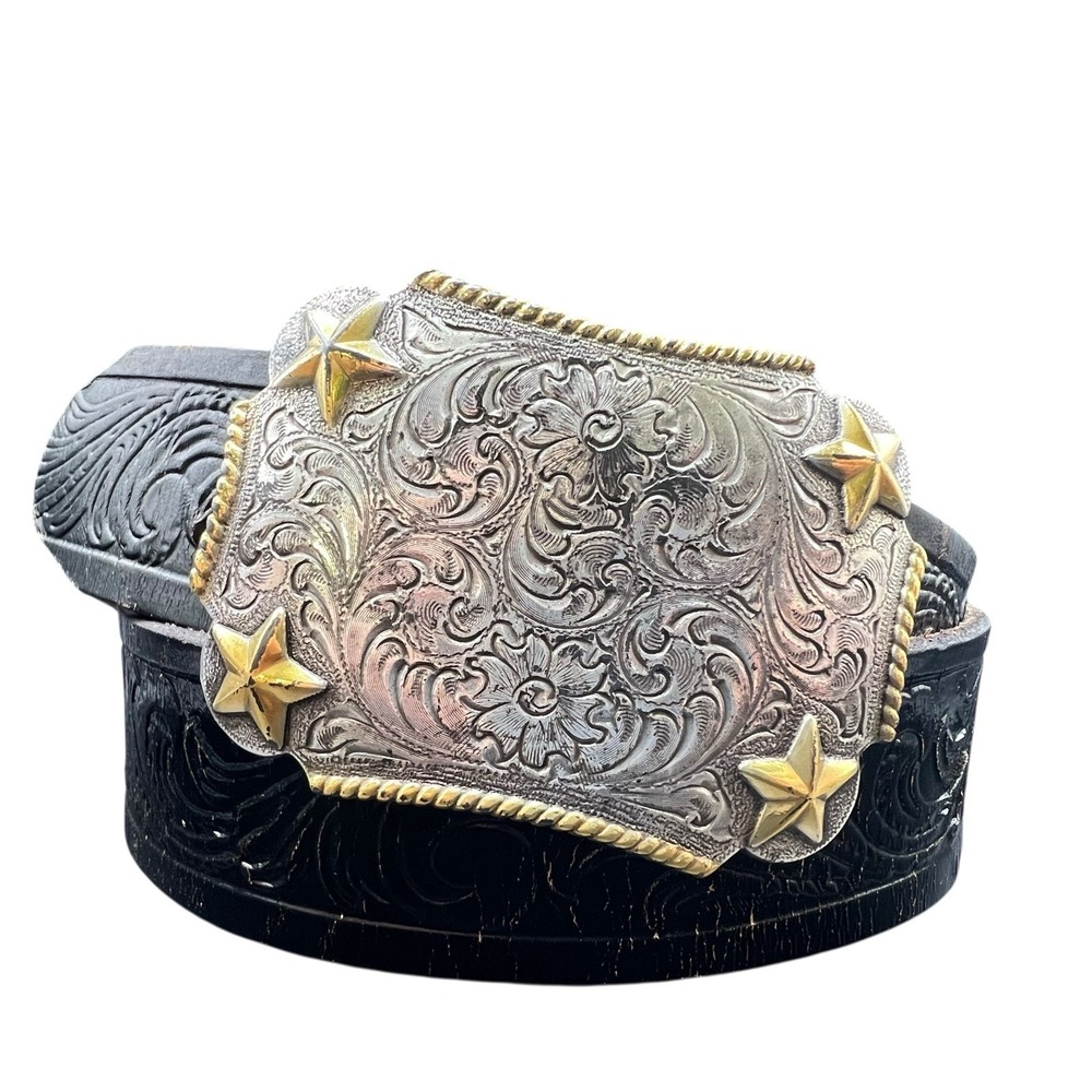 Vintage Western Belt Buckle Rope Edge 4 Stars Silver Gold Tone Leather Belt 32